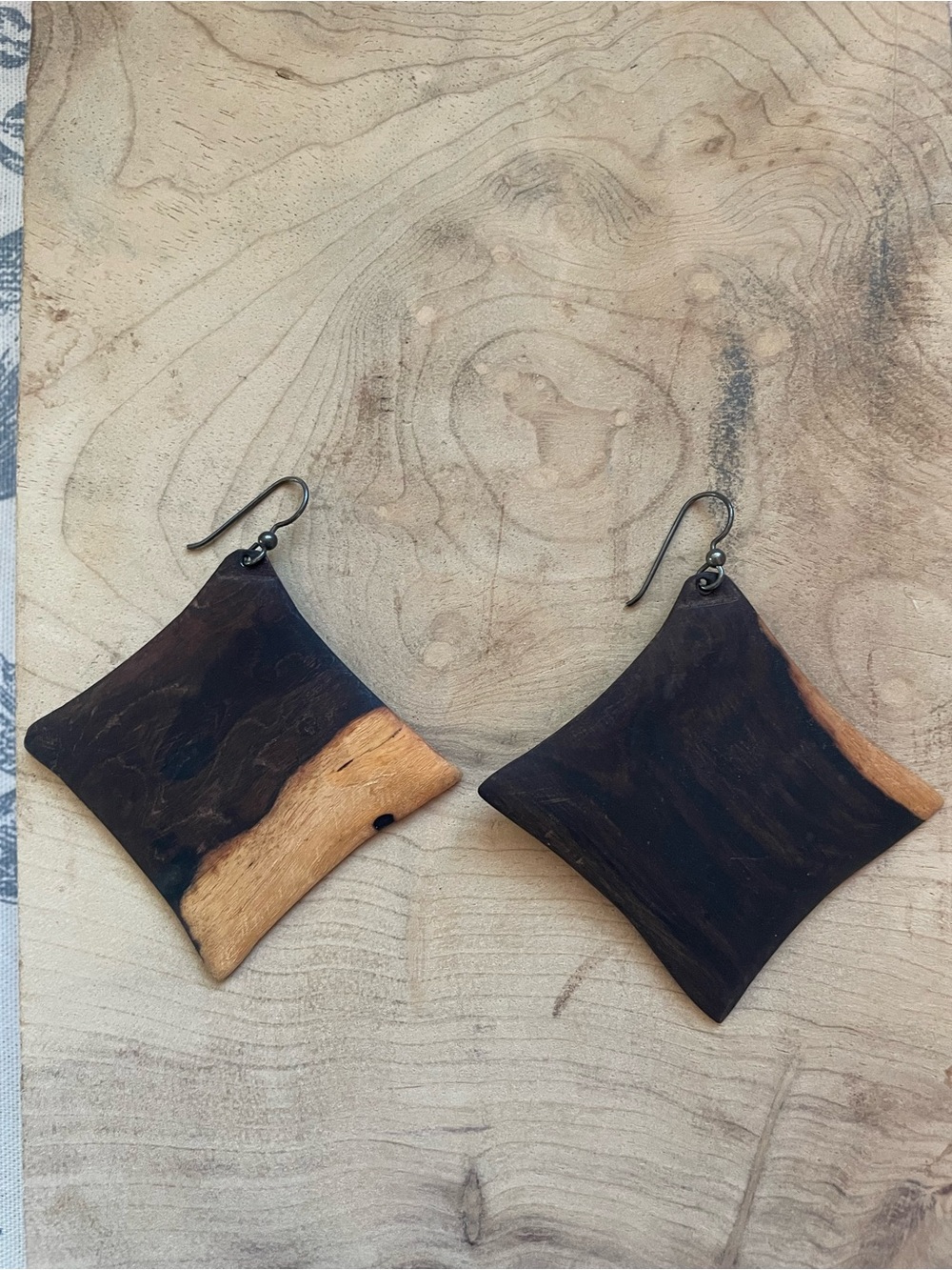 Two-Tone Brown and Tan Wood Drop Earrings - Handcrafted